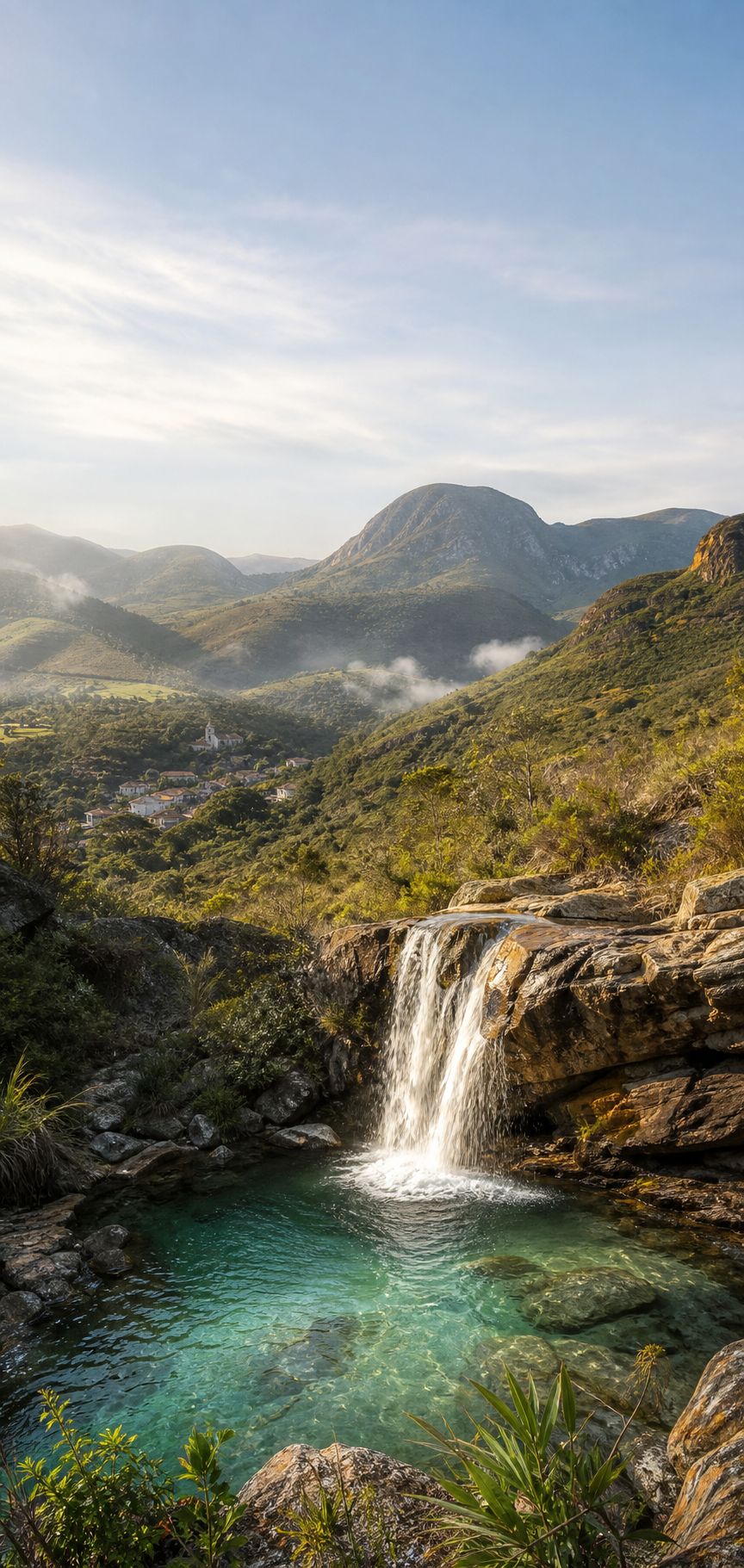Serra, cachoeira e vila mineira